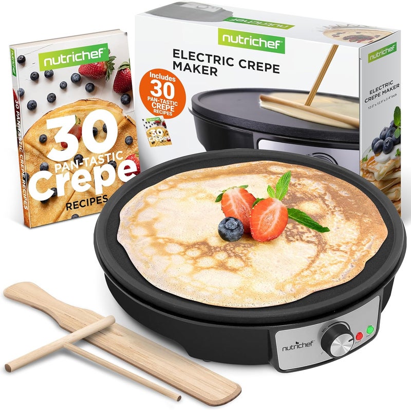 NutriChef Electric Crepe Maker Pan & Griddle, 12 Inch Nonstick Cooktop, LED Indicators & Adjustable Temperature Control, Includes Spatula, Batter Spreader, Cooks Crepes, Roti & Pancakes - Image 1
